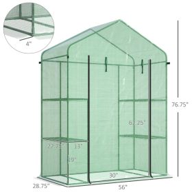Walk-in Greenhouse, Garden Hot House With 3 Tier Shleves, Roll-Up Door And PE Cover, Green
