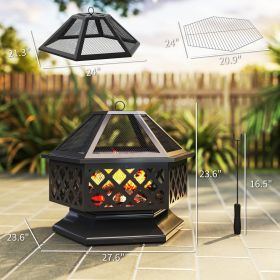 28 Outdoor Fire Pit With Grill Hexagon Fireplace Wood Burning Firepit With Cooking Grate, Fire Poker,  Screen Lid