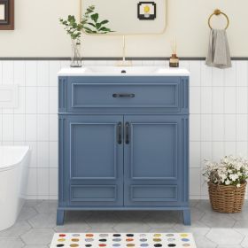 30'' Bathroom Vanity With Ceramic Sink,Solid Wood Frame Bathroom Storage Cabinet With Soft Closing Doors, Retro Style, Blue