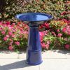 Blue Ceramic Birdbath With 1/2 Gallon Water Basin & Bird Branch Leaf Detailing