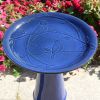 Blue Ceramic Birdbath With 1/2 Gallon Water Basin & Bird Branch Leaf Detailing
