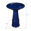 Blue Ceramic Birdbath With 1/2 Gallon Water Basin & Bird Branch Leaf Detailing