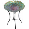 Round 18-inch Peacock Style Glass Mosaic Flower Birdbath With Metal Stand