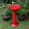 Red Metal Outdoor Garden Patio Birdbath With Decorative Bird Leaf Figurines