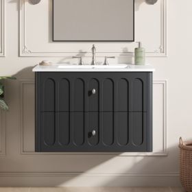30   Modern Floating Bathroom Vanity With Oval Knobs & Round Edge, Soft-Close Drawer Slides, Bathroom Cabinet With Ceramic Sink (Option: Black)