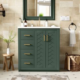 30'' Bathroom Vanity With Ceramic Sink Combo,Solid Wood Frame Bathroom Storage Cabinet, Freestanding Vanity Set With 3 Drawers& Soft Closing Doors (Option: GREEN)