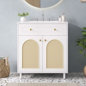 30 Bathroom Vanity With Ceramic Sink, Solid Wood Frame Bathroom Sink Cabinet With Adjustable Shelf, Tip-Drawer, Rattan Front Panels (Option: White)