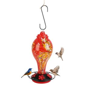 1Pc Glass Hummingbird Feeder 33OZ Hand Blown Hummingbird Feeder With 5 Flower Feeding Port Perch Ant Moat Hanging Hook S Hook Hemp Rope Cleaning Brush (Option: Red)