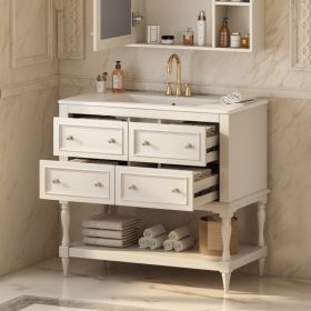 36 Bathroom Vanity Cabinet With Sink Combo Set, Undermount Ceramic Sink, Free Standing Vanity Set With 4 Drawers, Solid Wood Frame Bathroom Cabinet, B (Option: beige)