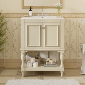 24 Inch Modern Luxury Bathroom Vanity With Ceramic Sink, Bathroom Cabinet With Open Shelf And Closed Storage (Option: beige)