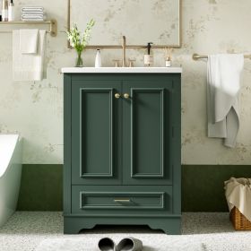 24'' Bathroom Vanity With Ceramic Sink Combo, Modern Freestanding Storage Cabinet  With Silver Handles,  Soft Closing Doors (Option: GREEN)