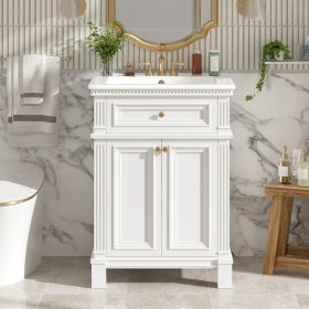 24   Vintage Elegance Bathroom Cabinet With Soft Closing Doors And Adjustable Shelf, Bathroom Vanity With Ceramic Sink (Option: White)