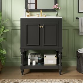 24 Inch Modern Luxury Bathroom Vanity With Ceramic Sink, Bathroom Cabinet With Open Shelf And Closed Storage (Option: Black)