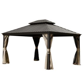 10   X 14   Hardtop Gazebo Permanent Outdoor Gazebo With Galvanized Steel Double Roof, Aluminum Frame, Curtains And Netting For Patio Lawn And Garden, (Option: BROWN)