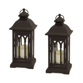 Lantern W/3"x3" LED Candle (Set of 2) 12.25"H Iron/Glass/Plastic (Color: Black)