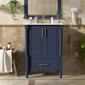 24   Modern Bathroom Vanity With Ornate Motif Design & Soft-Close Hinges,  Bathroom Cabinet With Drawer And Back Open Structure, Ornately Carved Frenc (Option: BLUE)