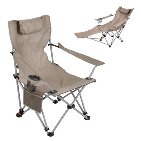 1Pc Reclining Camping Chair With Footrest 4-Position Adjustable Outdoor Folding Chair Heavy Duty Portable Camping Lounge Chair With Headrest Cup Holde (Option: Khaki)