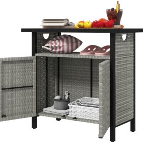 Outdoor Pool Towel Storage Cabinet Organizer, Outdoor Bar Table With Shelf And Cabinet, Pool Towel Holder Pool Valet With Weather-Resistant PE Rattan (Option: Gray)