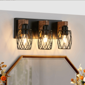 18inch Industrial Vintage 3-Light Wall Sconce - Black Cage Wall Lighting Fixture With Wooden Accents For Bathroom, Hallway, Or Living Room Bulb Not In (Option: Walnut and black)