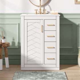 24   Bathroom Vanity With Integrated Ceramic Sink, Bathroom Cabinet With 1 Door, 3 Drawers, Single Sink Bathroom Vanity For Small And Medium Restroom, (Option: White)