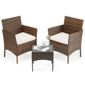 Three-piece Garden Furniture Set, Woven Outdoor Polyethylene Rattan Furniture, Equipped With A Coffee Table And Washable Cushions (Option: BROWN)
