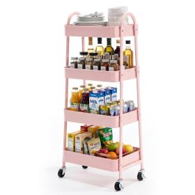 Four-layer Practical Mobile Trolley, Metal Movable Storage Rack, With Lockable Casters (Option: Pink)