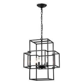 Metal Lantern Tiered Chandelier - Industrial Farmhouse 4-Light Pendant (Option: Matte Black)