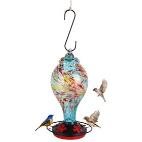 1Pc Glass Hummingbird Feeder 33OZ Hand Blown Hummingbird Feeder With 5 Flower Feeding Port Perch Ant Moat Hanging Hook S Hook Hemp Rope Cleaning Brush (Option: BLUE)