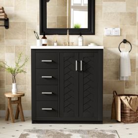 30'' Bathroom Vanity With Ceramic Sink Combo,Solid Wood Frame Bathroom Storage Cabinet, Freestanding Vanity Set With 3 Drawers& Soft Closing Doors (Option: Black)