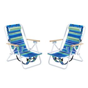 Folding Beach Chair Set Of 2 For Adults, 4 Position Portable Backpack Foldable Camping Chair With Headrest Cup Holder And Wooden Armrests, Blue & Gree (Option: defaulttitle)