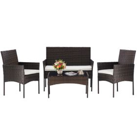 Four-piece Garden Furniture Set, Equipped With Detachable Cushions And Tempered Glass Coffee Table (Option: BROWN)