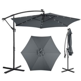 10FT Round Banana Hanging Patio Umbrella With 18 LED Lights, 6 Iron Ribs, Iron Straight & Curved Pole, Waterproof Polyester Canopy, With Stand Sleeve (Option: Gray)