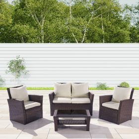 4 Pieces Outdoor Patio Furniture Sets Garden Rattan Chair Wicker Set;  Poolside Lawn Chairs with Tempered Glass Coffee Table Porch Furniture (Color: Brown)