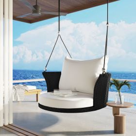 33.8' Single Person Hanging Seat; Rattan Woven Swing Chair; Porch Swing With Ropes (Color: Black White)