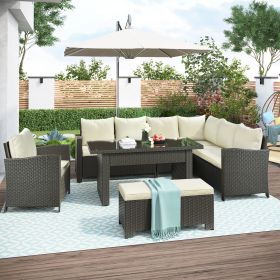 Patio Furniture Set; 6 Piece Outdoor Conversation Set; Dining Table Chair with Bench and Cushions (Color: Beige)