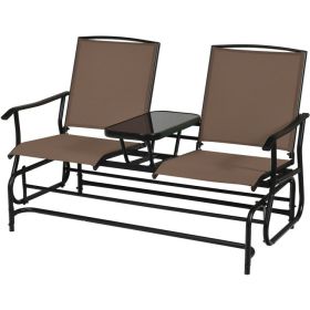 2-Person Double Rocking Loveseat with Mesh Fabric and Center Tempered Glass Table (Color: Brown)