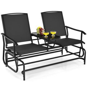 2-Person Double Rocking Loveseat with Mesh Fabric and Center Tempered Glass Table (Color: Black)