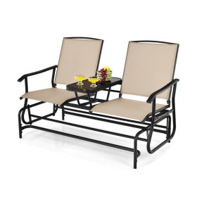 2-Person Double Rocking Loveseat with Mesh Fabric and Center Tempered Glass Table (Color: Beige)