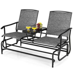 2-Person Double Rocking Loveseat with Mesh Fabric and Center Tempered Glass Table (Color: Gray)
