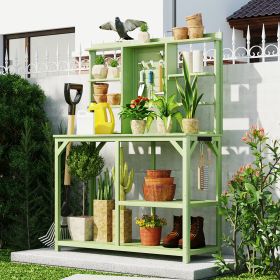 64.6" Large Outdoor Potting Bench; Garden Potting Table; Wood Workstation with 6-Tier Shelves; Large Tabletop and Side Hook for Mudroom; Backyard (Color: Green)