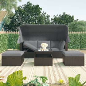 Outdoor Patio Rectangle Daybed with Retractable Canopy, Wicker Furniture Sectional Seating with Washable Cushions, Backyard, Porch (Color: Gray)