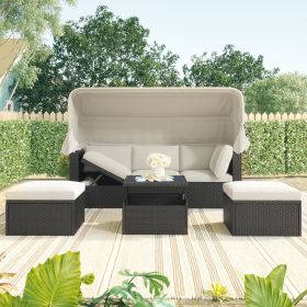 Outdoor Patio Rectangle Daybed with Retractable Canopy, Wicker Furniture Sectional Seating with Washable Cushions, Backyard, Porch (Color: Beige)