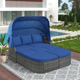 Outdoor Patio Furniture Set Daybed Sunbed with Retractable Canopy Conversation Set Wicker Furniture (Color: Blue)