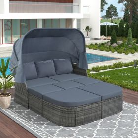 Outdoor Patio Furniture Set Daybed Sunbed with Retractable Canopy Conversation Set Wicker Furniture (Color: Gray)