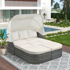 Outdoor Patio Furniture Set Daybed Sunbed with Retractable Canopy Conversation Set Wicker Furniture Sofa Set (Color: Beige)