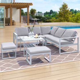 Industrial Style Outdoor Sofa Combination Set With 2 Love Sofa; 1 Single Sofa; 1 Table; 2 Bench (Color: White)