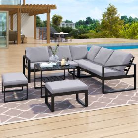 Industrial Style Outdoor Sofa Combination Set With 2 Love Sofa; 1 Single Sofa; 1 Table; 2 Bench (Color: Dark Gray)