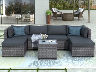 7 Piece Rattan Sectional Seating Group with Cushions;  Outdoor Ratten Sofa (Color: Gray)