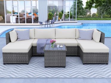 7 Piece Rattan Sectional Seating Group with Cushions;  Outdoor Ratten Sofa (Color: Beige)