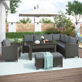 Patio Furniture Set;  6 Piece Outdoor Conversation Set;  Dining Table Chair with Bench and Cushions (Color: Gray)